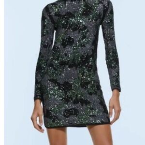 Zara Womens Sequin Camouflage Long Sleeve Bodycon Green Mini Dress NWT
